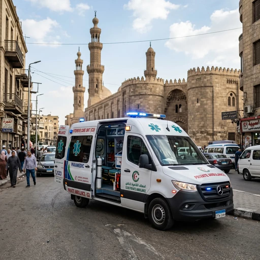 سيارة إسعاف خاصة تخدم في شوارع القاهرة التاريخية